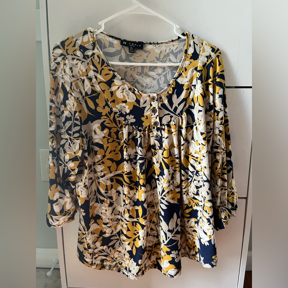 N Touch Tunic mustard yellow and dark blue print Large Petite